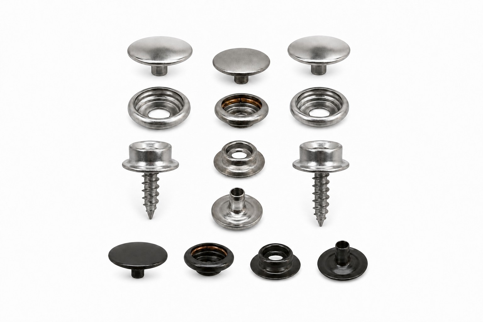 Stimpson ring snap sets in stainless steel and dull black, showing caps, sockets, plain studs, screw studs and posts Stimpson ring snap sets in stainless steel and dull black, showing caps, sockets, plain studs, screw studs and posts