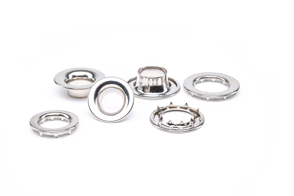 Stimpson EasySet rolled rim grommets and spur washers in stainless steel and dull black Stimpson EasySet rolled rim grommets and spur washers in stainless steel and dull black